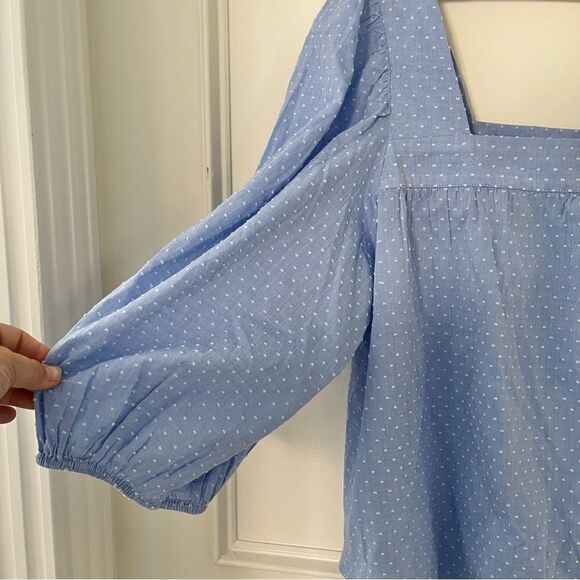 Caslon 100% Cotton Square Neck Puff Elbow Sleeve Textured Dot Top Blue Large NWT - Picture 6 of 10